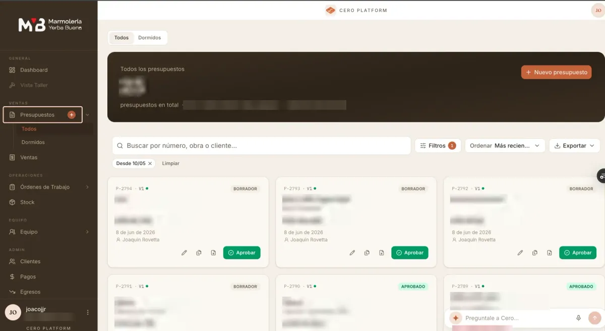 El primer prototipo: los presupuestos, con clientes y montos borroneados